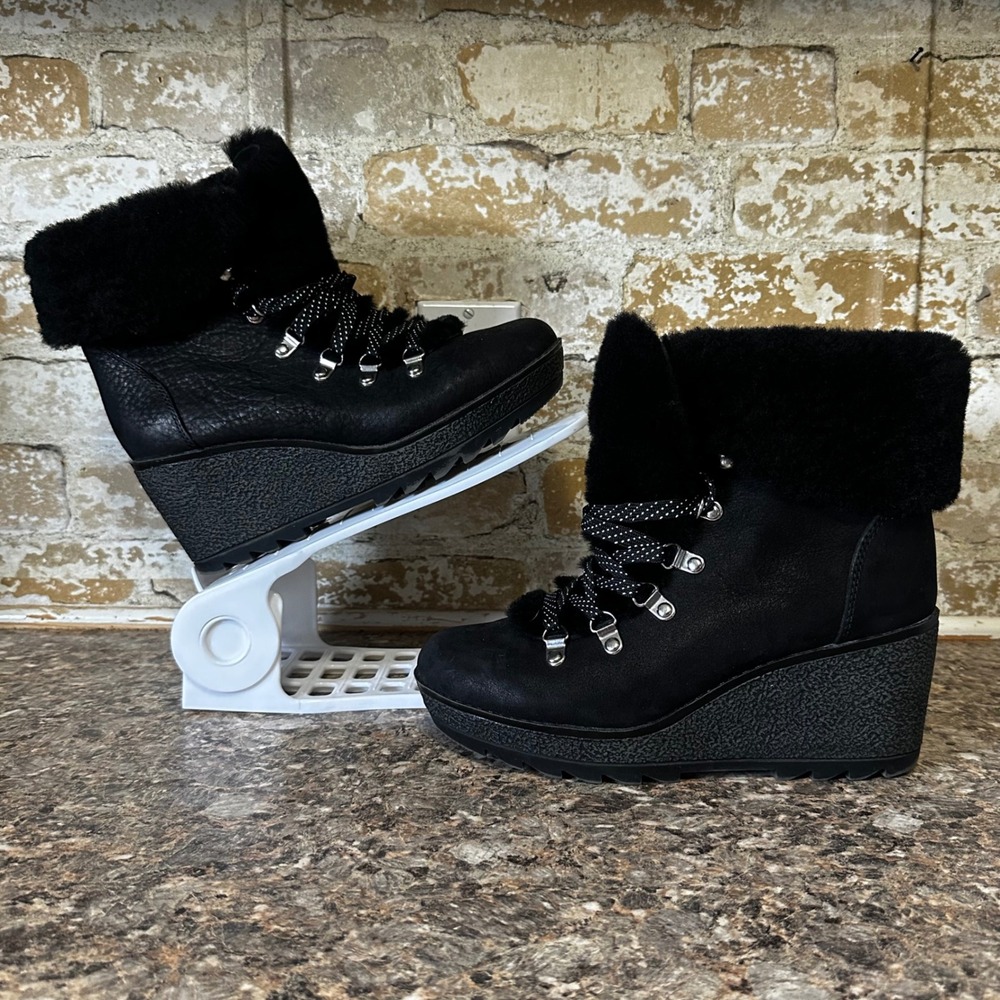 J.Crew Wedge Boots Women 7M Black Good Faux Fur Trim Hiker Leather Suede
